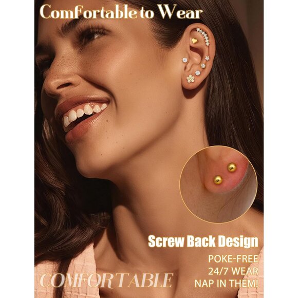 Budget 14-Pair Stainless Steel Hypoallergenic Stud Earrings Set in Gold Silver R - Picture 5 of 7